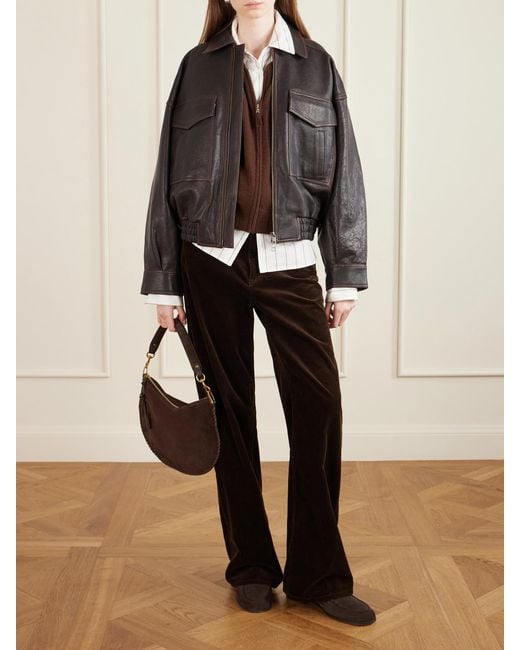 Staud Brown Eugene Oversized Textured-Leather Bomber Jacket