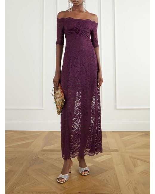 Rabanne Purple Off-The-Shoulder Gathered Lace Midi Dress
