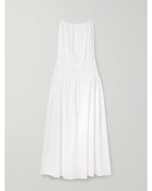 Another Tomorrow White Gathered Tiered Organic Cotton-Poplin Maxi Dress