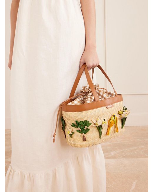 Aquazzura Natural Birdsong Appliquéd Leather-Trimmed Raffia Tote