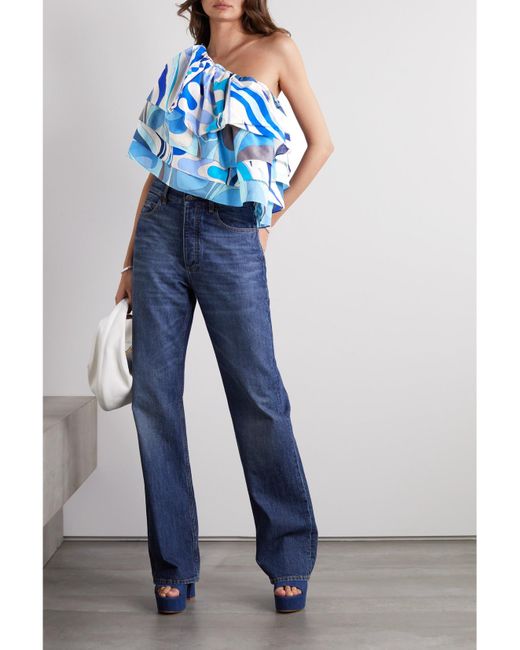Emilio Pucci Blue One-Shoulder Printed Cotton-Voile Top