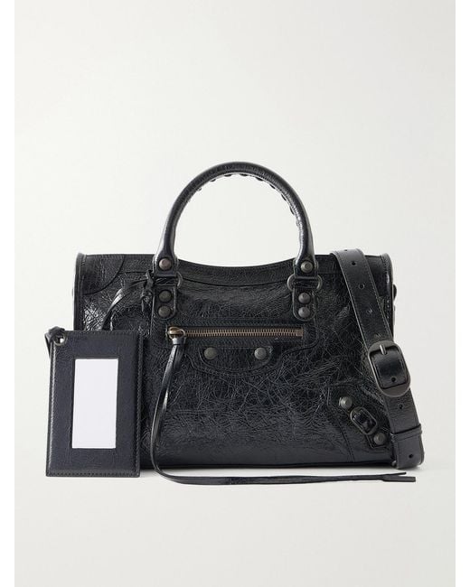 Balenciaga Black Le City Small Embellished Crinkled-Leather Shoulder Bag