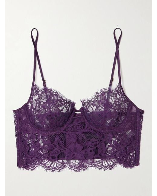 Kiki de Montparnasse Purple Camille Stretch-Silk Satin-Trimmed Organic Cotton-Blend Lace Underwired Bra
