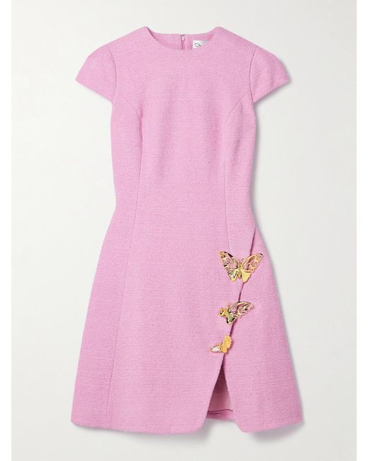 Oscar de la Renta Pink Embellished Cotton-Blend Tweed Mini Dress
