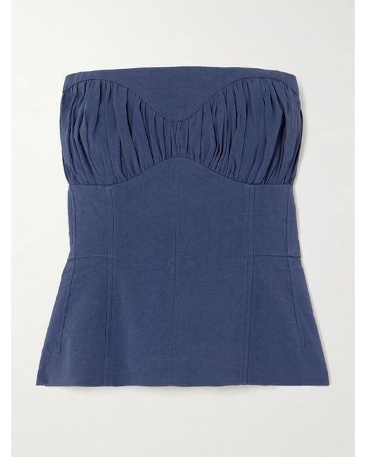 TOVE Blue Ruby Gathered Linen-Blend Twill Peplum Bustier Top