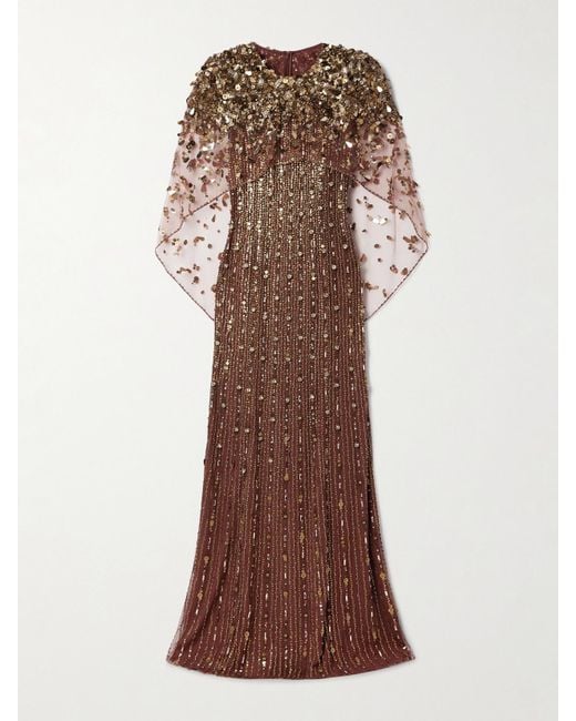 Jenny Packham Brown Nettie Cape-Effect Embellished Sequined Tulle Gown