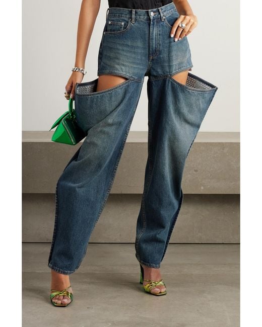 Area Blue Hoch Sitzende Jeans Mit Weitem Bein, Cut-Outs Und Kristallen