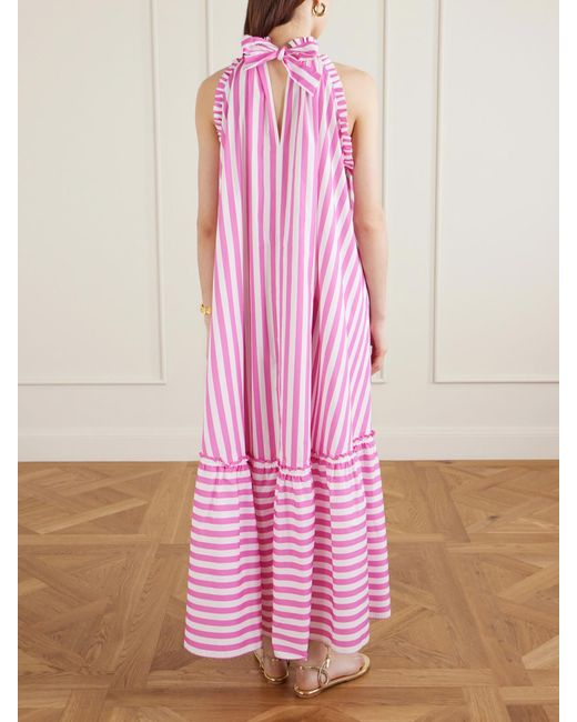 Loretta Caponi Pink Melinda Ruched Striped Cotton-Poplin Halterneck Maxi Dress