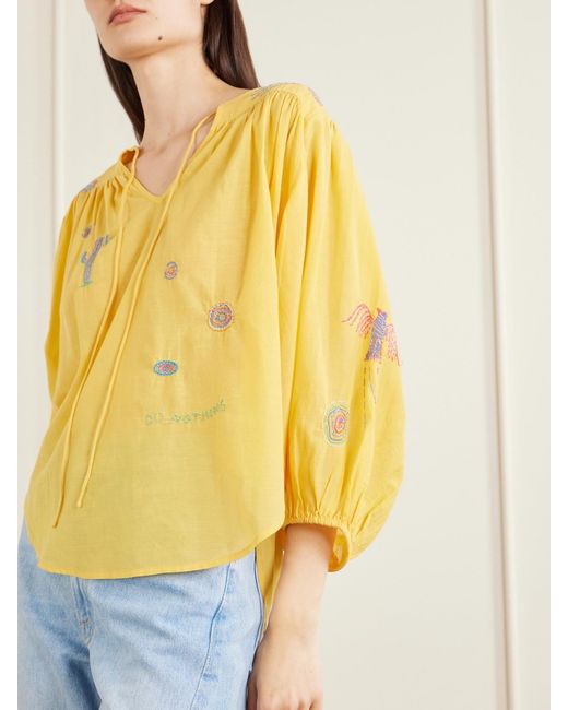 Mother Yellow The Breeze Embroidered Cotton-Blend Voile Blouse