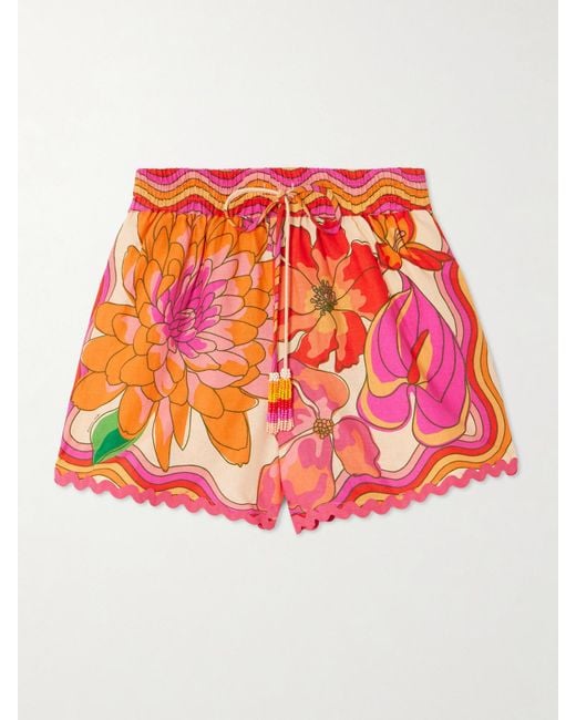 Farm Rio Red Spring Affair Shorts Aus Einer Leinenmischung Mit Blumenmuster Und Zierperlen