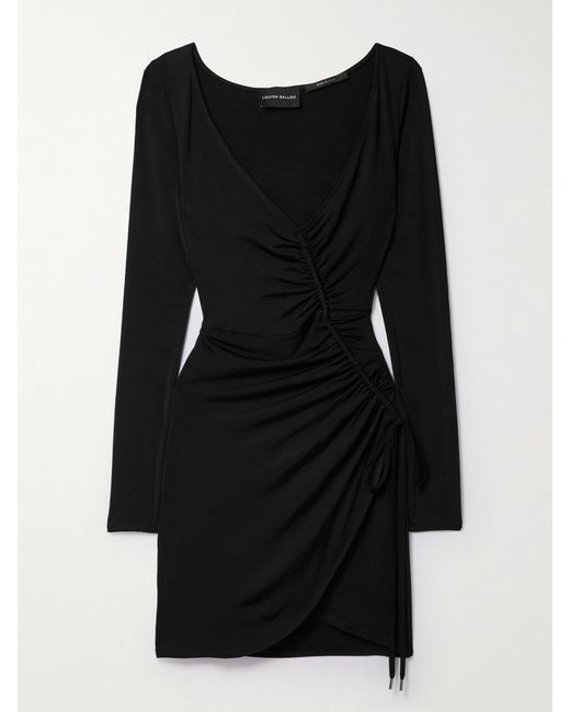 Louisa Ballou Black Summer Solstice Wrap-Effect Ruched Stretch-Jersey Mini Dress