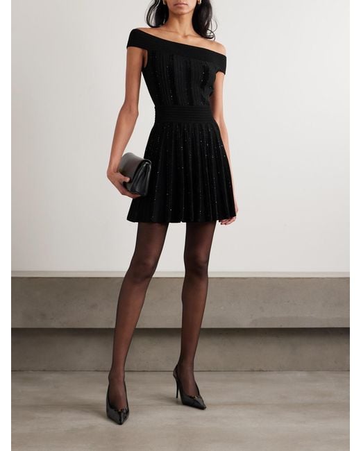 Balmain Black Off-The-Shoulder Glittered Velvet And Ribbed-Knit Top