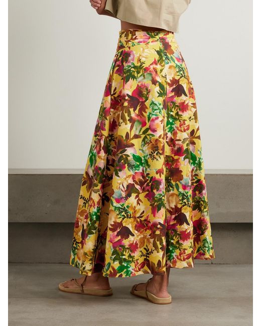 Saloni Yellow Neesha Belted Floral-Print Cotton Midi Skirt