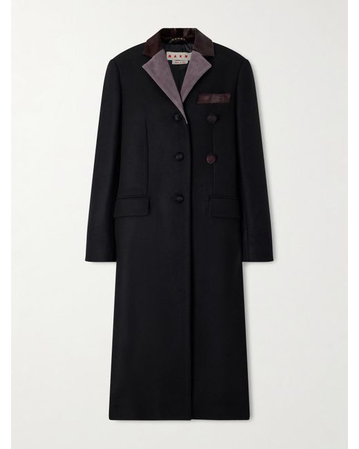 Marni Black Embroidered Calf Hair And Suede-Trimmed Wool Coat