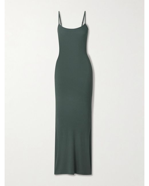 skims olive green dress Skims Soft Lounge Ribbed Long Stretch-Modal Slip Dress in Green