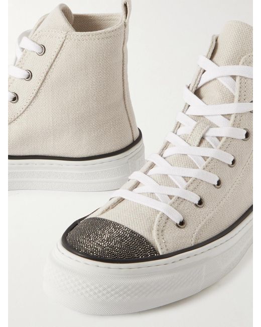 Brunello Cucinelli Natural Bead-Embellished Canvas Sneakers