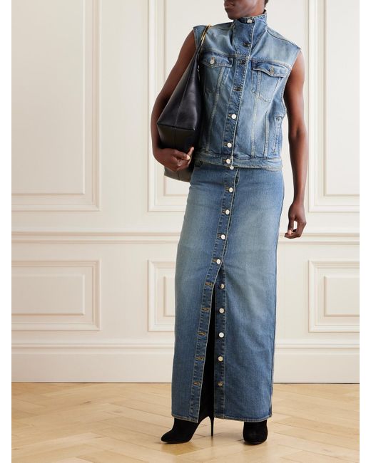 Alaïa Blue Layered Jersey-Trimmed Denim Maxi Skirt