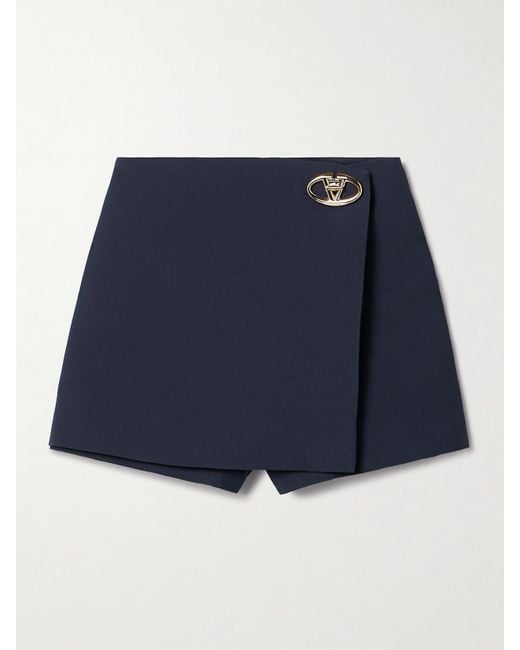 Valentino Garavani Blue Embellished Wrap-Effect Wool And Silk-Blend Mini Skirt