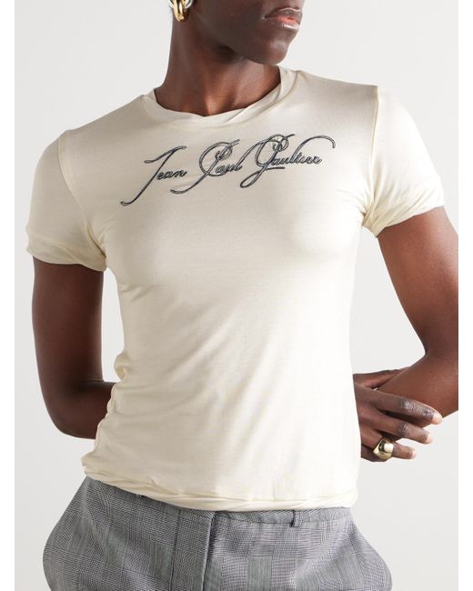 Jean Paul Gaultier Natural T-Shirt Aus Baumwoll-Jersey Mit Print Und Stickerei