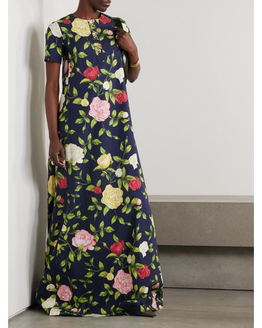 Oscar de la Renta Green Button-Embellished Floral-Print Cotton-Blend Poplin Gown