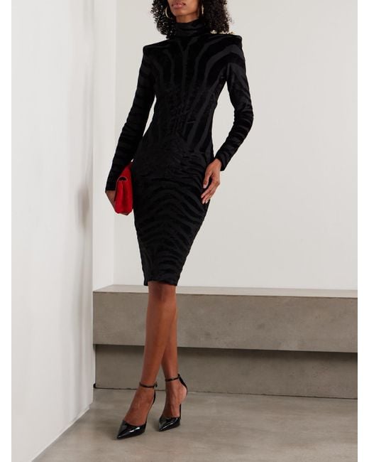 Balmain Black Button-Embellished Devoré-Velvet Midi Dress