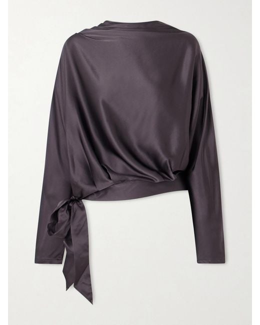 Staud Blue Phoebe Draped Silk-Blend Satin Blouse