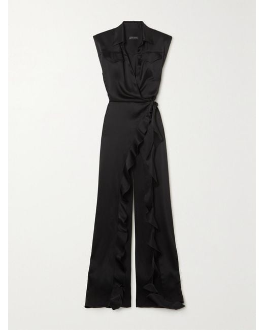 David Koma Black Wickelrobe Aus Satin Mit Rüschen