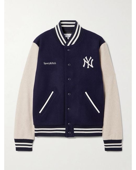 Sporty & Rich Blue New York Yankees Champions Embroidered Wool-Felt Bomber Jacket
