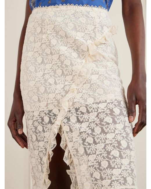 Doen Natural Aurella Ruffled Embroidered Mesh Midi Skirt