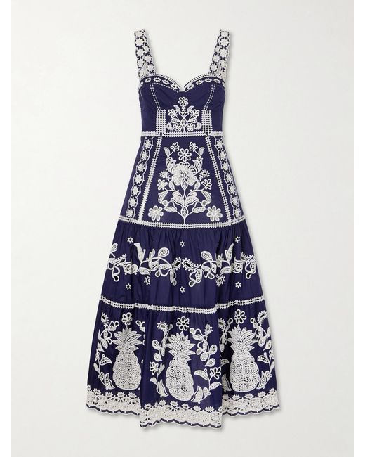 Farm Rio Blue Tiered Embroidered Cotton-Poplin Midi Dress