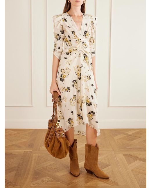 Isabel Marant Natural Albini Gathered Printed Silk-Blend Midi Dress