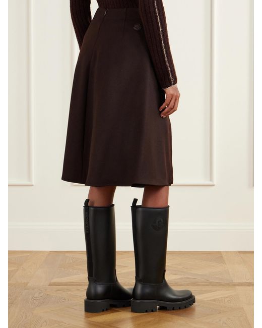 Moncler Black Leather-Trimmed Wool-Gabardine Midi Skirt