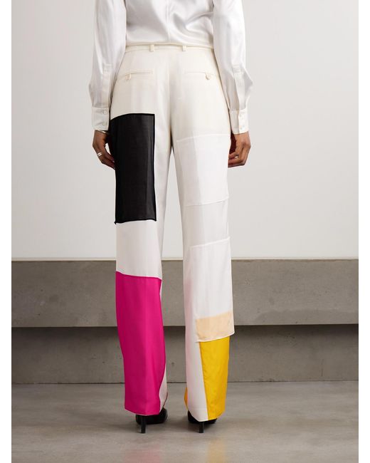 Helmut Lang Pink Patchwork Silk-Chiffon Trimmed Stretch-Satin Straight-Leg Pants