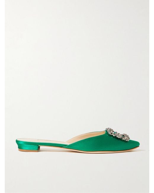 Manolo Blahnik Green Hangisi Crystal-Embellished Satin Slippers