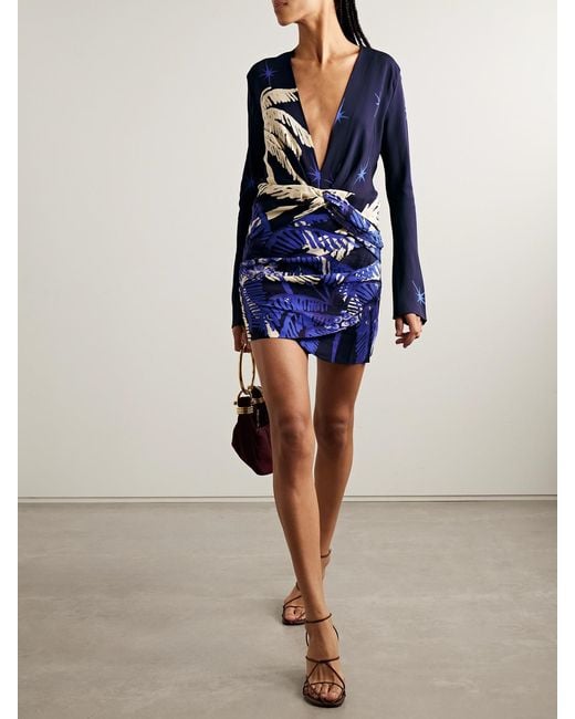 Johanna Ortiz Blue Gangaway Draped Printed Crepe Mini Dress