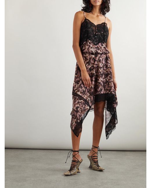 Dries Van Noten White Asymmetric Lace-Trimmed Printed Chiffon Midi Dress
