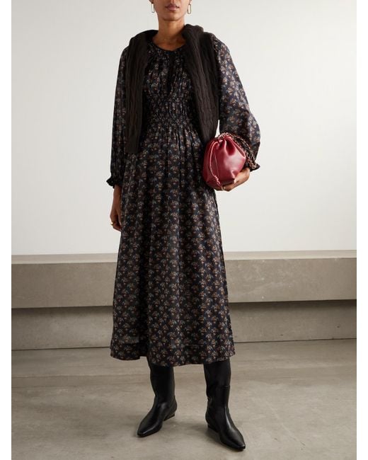 Doen Black Delfina Shirred Floral-Print Organic Cotton-Voile Midi Dress