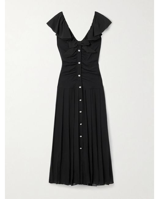 Alessandra Rich Black Midikleid Aus Crêpe De Chine Aus Seide Mit Falten, Raffungen Und Verzierungen
