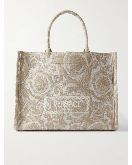 Versace Leather-trimmed Jacquard Tote in Natural | Lyst