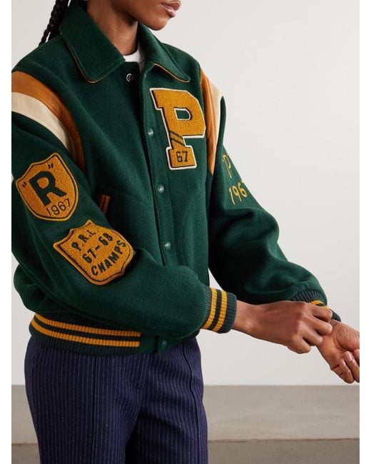 Polo Ralph Lauren Green Appliquéd Striped Leather-Trimmed Wool-Blend Varsity Jacket
