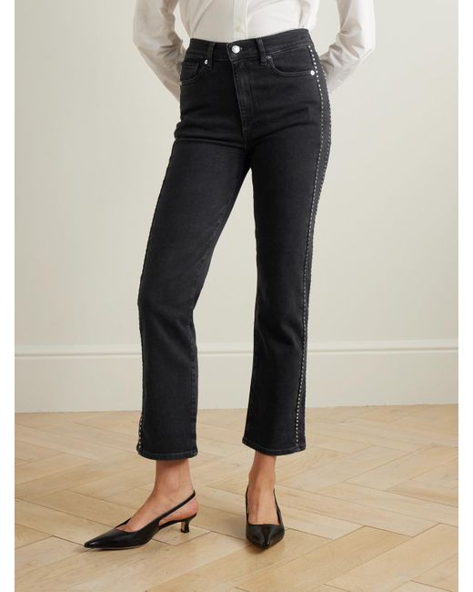FRAME Black Le Sleek Embellished Cropped High-Rise Straight-Leg Jeans
