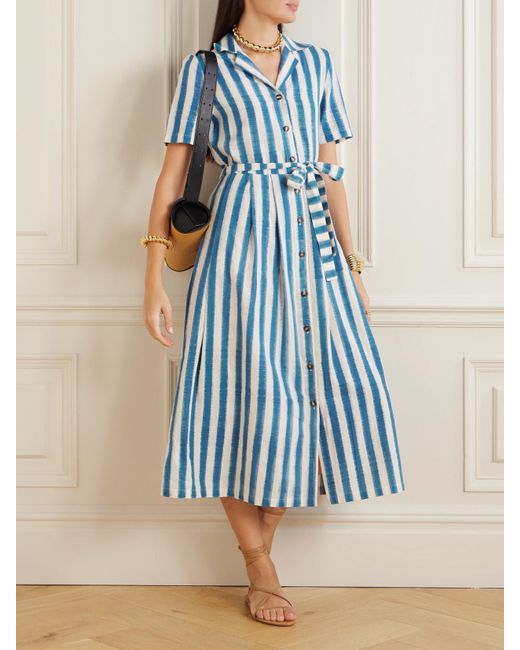 Emporio Sirenuse Blue Claudia Midi-Hemdblusenkleid Aus Gestreifter Baumwolle Mit Bindegürtel