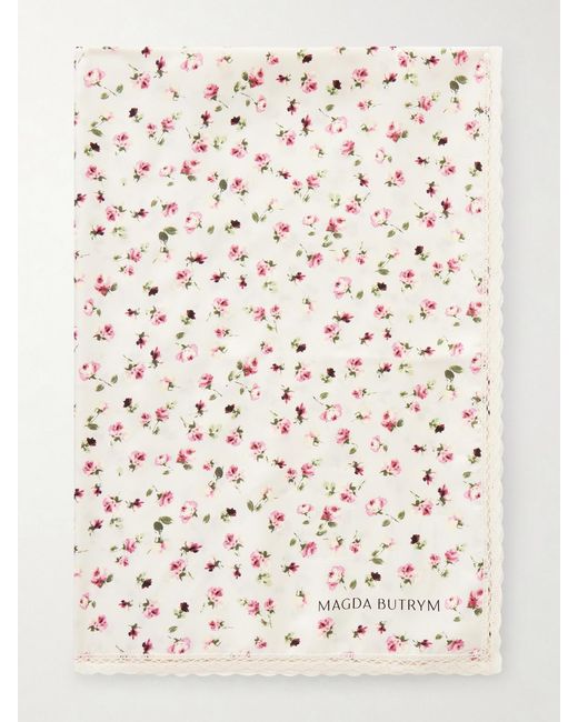 Magda Butrym Natural Lace-Trimmed Floral-Print Silk-Twill Scarf