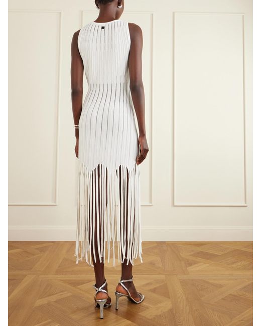 Balmain White Fringed Pointelle-Knit Midi Dress