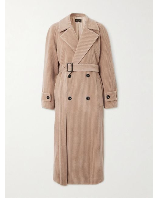 Loro Piana Natural Double-Breasted Belted Cashmere-Corduroy Coat