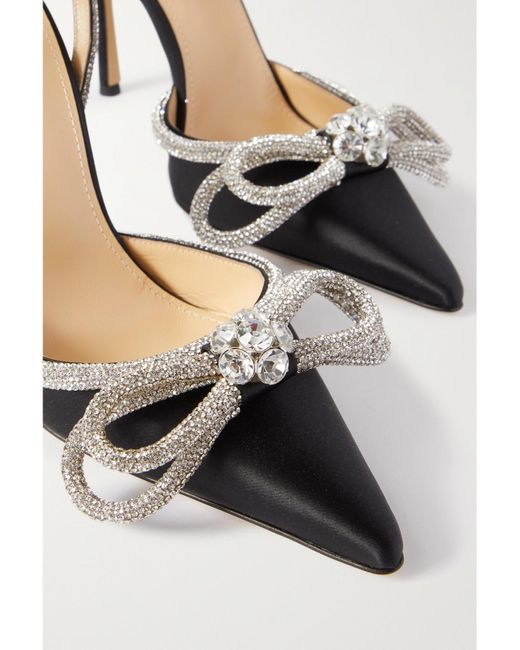 Mach & Mach White Double Bow Crystal-Embellished Silk-Satin Point-Toe Pumps