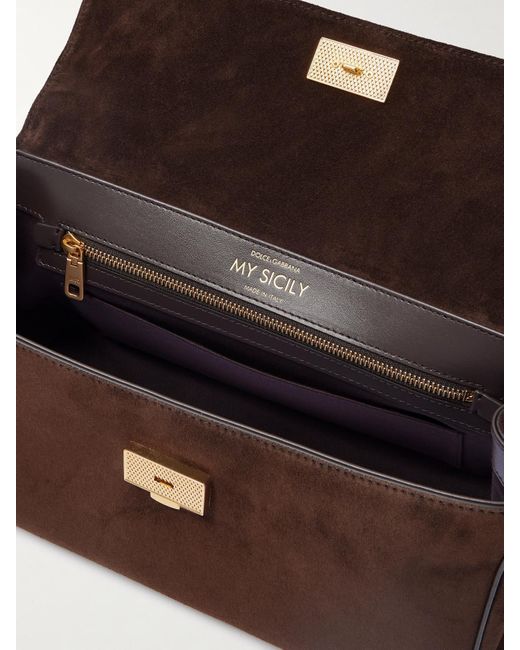 Dolce & Gabbana Brown Sicily Small Leather-Trimmed Suede Shoulder Bag