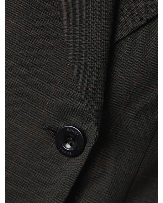 Sacai Black Glen Doppelreihiger Blazer Aus Wolle Mit Glencheck-Muster Und Raffungen