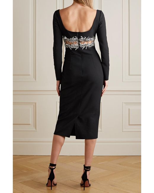 Oscar de la Renta Black Crystal-Embellished Wool-Blend Midi Dress