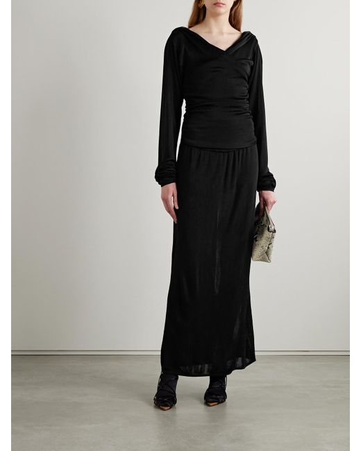 Khaite Black Fable Off-The-Shoulder Gathered Knitted Maxi Dress